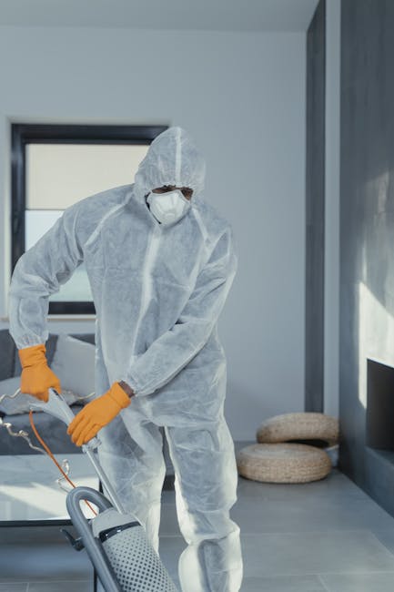 A commercial cleaning worker from Erith Carpet Cleaners is seen from the top of a staircase, walking towards an open area illuminated by natural light. The worker is wearing a high-visibility yellow v